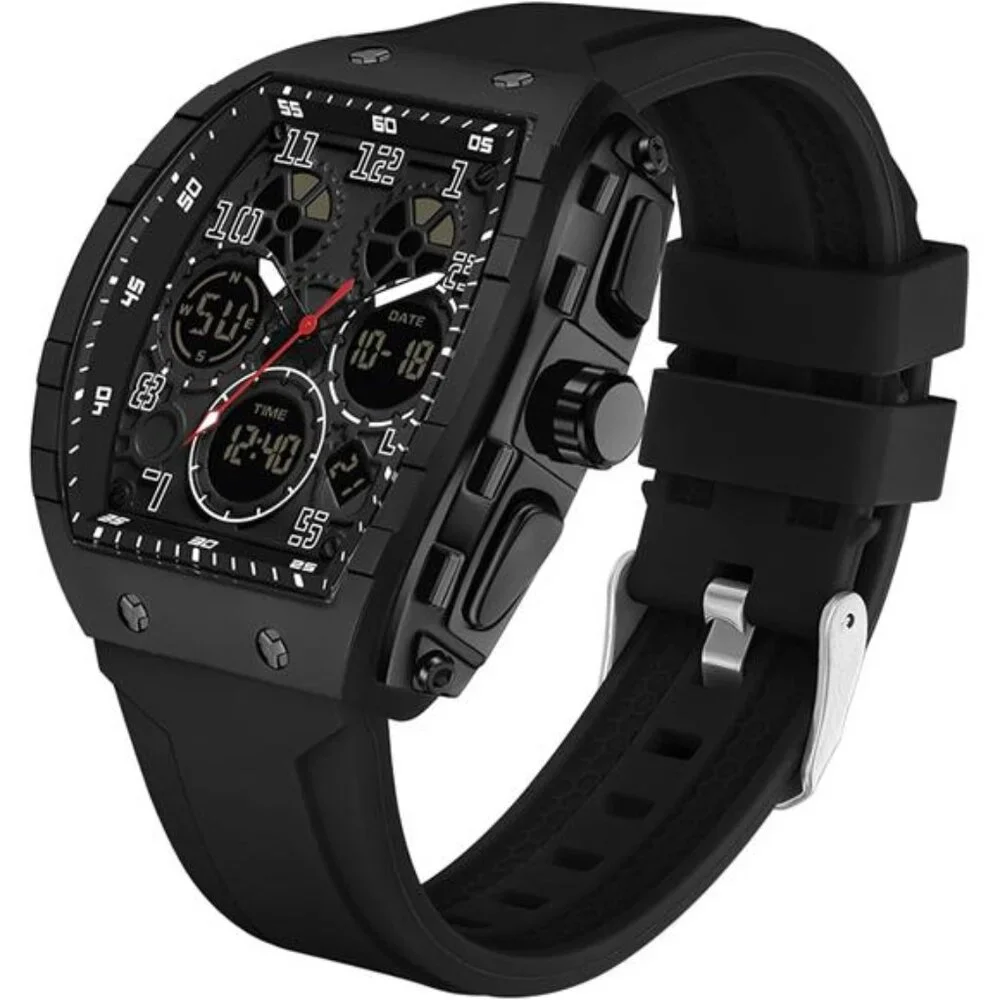Mens Rectangular Watch With Digital Analog Dual Time Display Square Dial